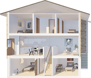 Waterloo apartment for rent - A 3D rendered image of a modern house interior.