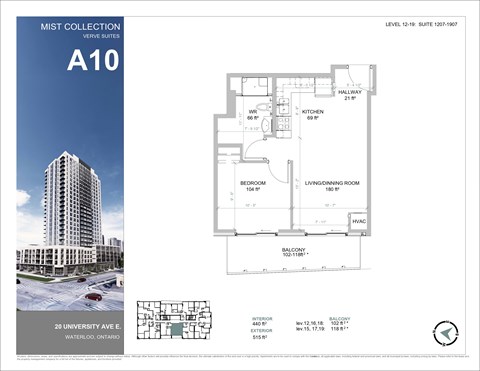 Floor plan for 1 bed, 1 bath, 515 sqft