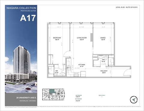 Floor plan for 1 bed, 2 baths, 943 sqft