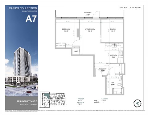 Floor plan for 1 bed, 1 bath, 799 sqft