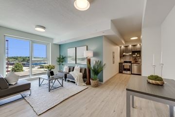 Waterloo apartment for rent - A modern living room with a grey sofa and a glass table.