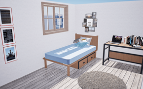 Waterloo apartment for rent - A bedroom with a bed, desk, and pictures on the wall.