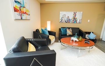 Waterloo apartment for rent - A living room with a black couch, a coffee table, and two paintings on the wall.