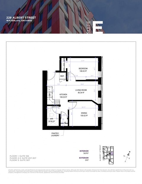 Floor plan for 1 bed, 1 bath, 593 sqft