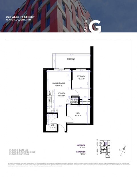 Floor plan for 1 bed, 1 bath, 609 sqft