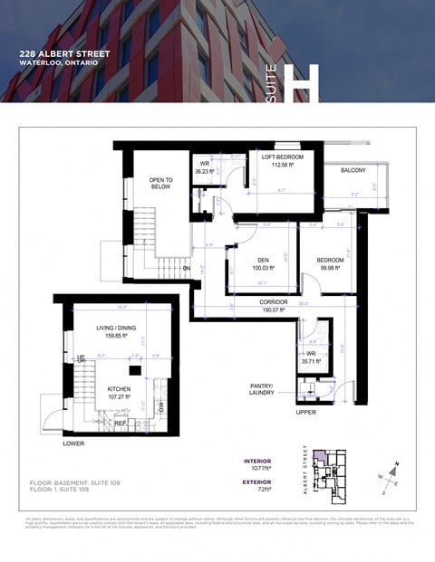 Floor plan for 2 beds, 2 baths, 1077 sqft