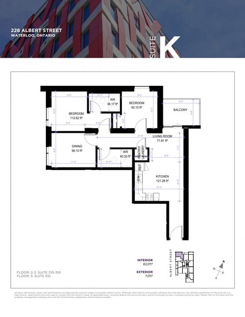 Floor plan for 2 beds, 2 baths, 822 sqft