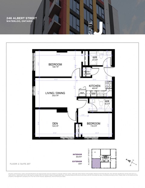 Floor plan for 2 beds, 2 baths, 854 sqft