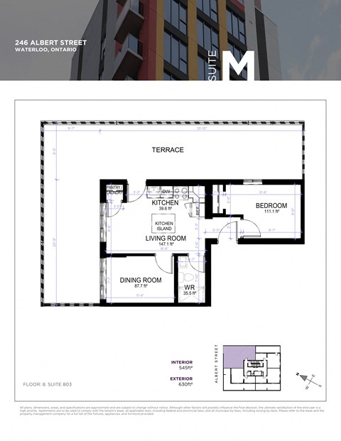 Floor plan for 1 bed, 1 bath, 552 sqft