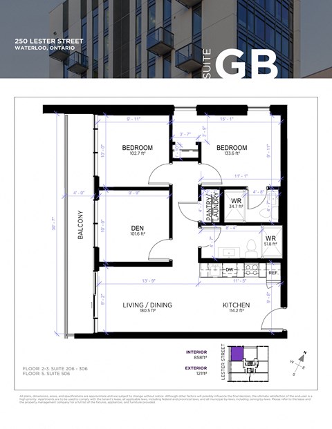 Floor plan for 2 beds, 1.5 baths, 879 sqft