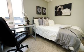 Waterloo apartment for rent - a bedroom with a bed and a desk with a chair