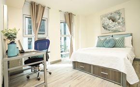Waterloo apartment for rent - a bedroom with a bed and a desk and a window