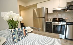 Waterloo apartment for rent - a kitchen with stainless steel appliances and a table with a vase of flowers