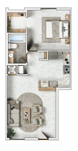 Hialeah apartment for rent - A floor plan of a house with a kitchen, living room, and bathroom.