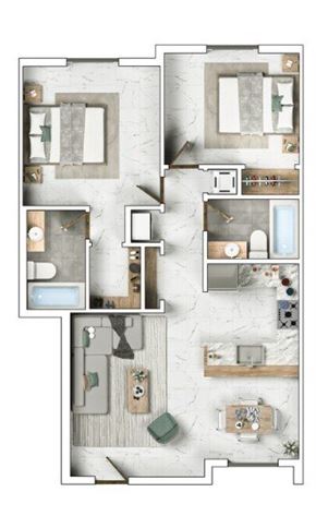 Hialeah apartment for rent - A floor plan of a house with a kitchen, living room, and two bedrooms.
