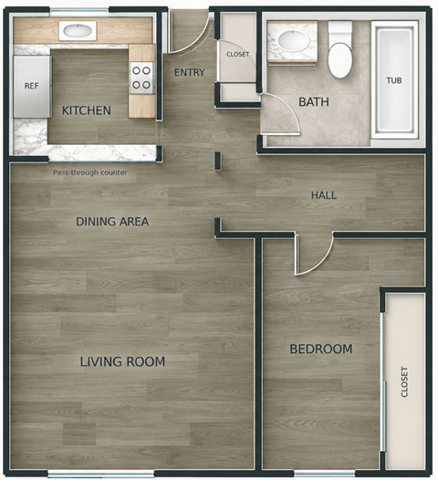 Floor plan for 1 bed, 1 bath, 762 sqft
