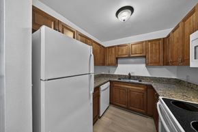Lighthouse Point apartment for rent - A kitchen with a white refrigerator and wooden cabinets.