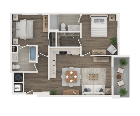 Floor plan for 2 beds, 2 baths, 1027 sqft