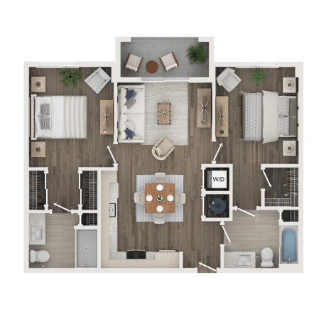 Floor plan for 2 beds, 2 baths, 982 sqft