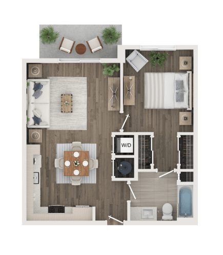 Floor plan for 1 bed, 1 bath, 729 sqft