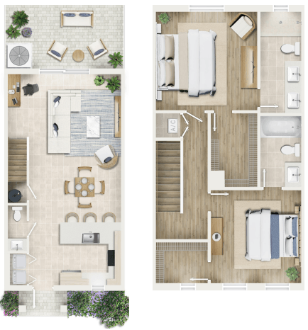 Floor plan for 2 beds, 2.5 baths, 1261 sqft