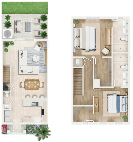 Floor plan for 2 beds, 2.5 baths, 1261 sqft