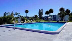Merritt Island apartment for rent - A swimming pool with a white fence and palm trees in the background.