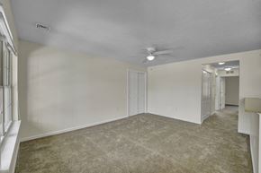 Brockport apartment for rent - A spacious room with a carpeted floor and a ceiling fan.