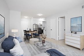 Cape Canaveral apartment for rent - A modern living room with a grey sofa and a glass coffee table.