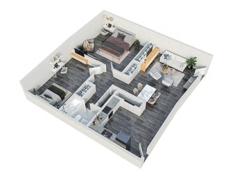 Floor plan for 2 beds, 1 bath, 843 sqft