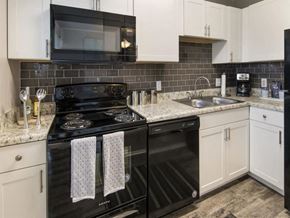 Macon apartment for rent - a kitchen with black appliances and white cabinets