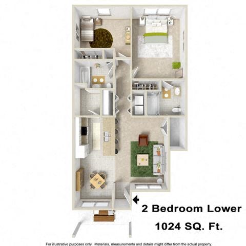 Floor plan for 2 beds, 2 baths, 1070 sqft