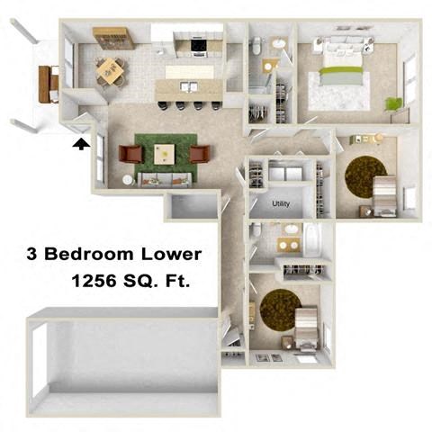 Floor plan for 3 beds, 2 baths, 1256 sqft