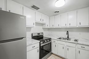 Merritt Island apartment for rent - A kitchen with white cabinets and a black refrigerator.