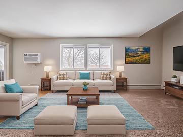 Baldwinsville apartment for rent - A living room with a white couch, a blue rug, and a painting on the wall.