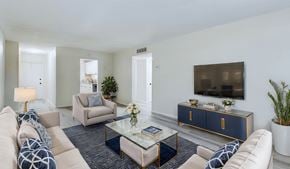 Merritt Island apartment for rent - A living room with a white couch, a coffee table, and a TV on a cabinet.