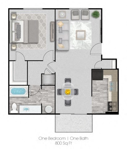 Floor plan for 1 bed, 1 bath, 711 sqft
