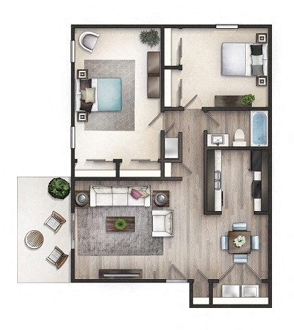 Floor plan for 2 beds, 1 bath, 1100 sqft