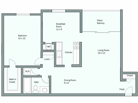 Floor plan for 1 bed, 1 bath, 845 sqft