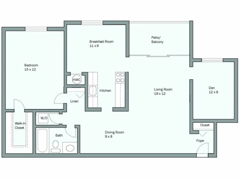 Floor plan for 1 bed, 1 bath, 971 sqft