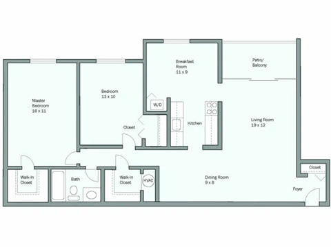 Floor plan for 2 beds, 1 bath, 1046 sqft