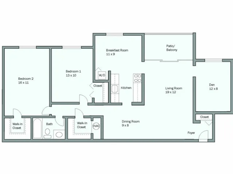 Floor plan for 2 beds, 1 bath, 1186 sqft