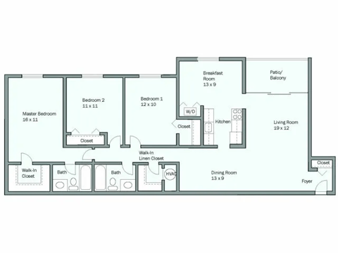 Floor plan for 3 beds, 2 baths, 1325 sqft