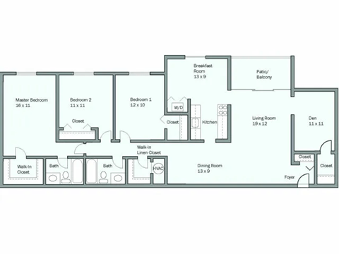 Floor plan for 3 beds, 2 baths, 1482 sqft