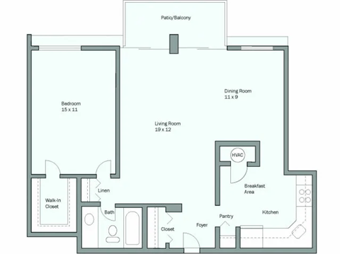 Floor plan for 1 bed, 1 bath, 854 sqft