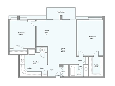 Floor plan for 2 beds, 1 bath, 1004 sqft