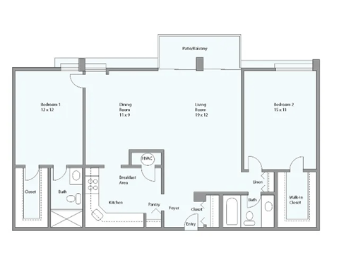 Floor plan for 2 beds, 2 baths, 1307 sqft