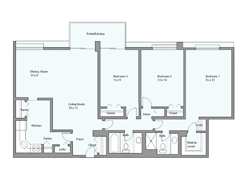 Floor plan for 3 beds, 2 baths, 1230 sqft