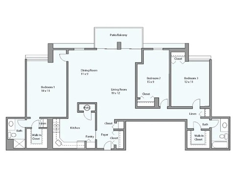Floor plan for 3 beds, 2 baths, 1376 sqft