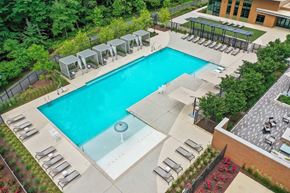 Germantown apartment for rent - An outdoor swimming pool surrounded by lounge chairs and trees.